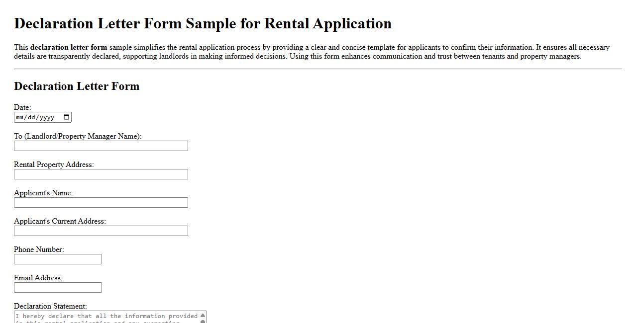 Declaration letter form sample for rental application image preview