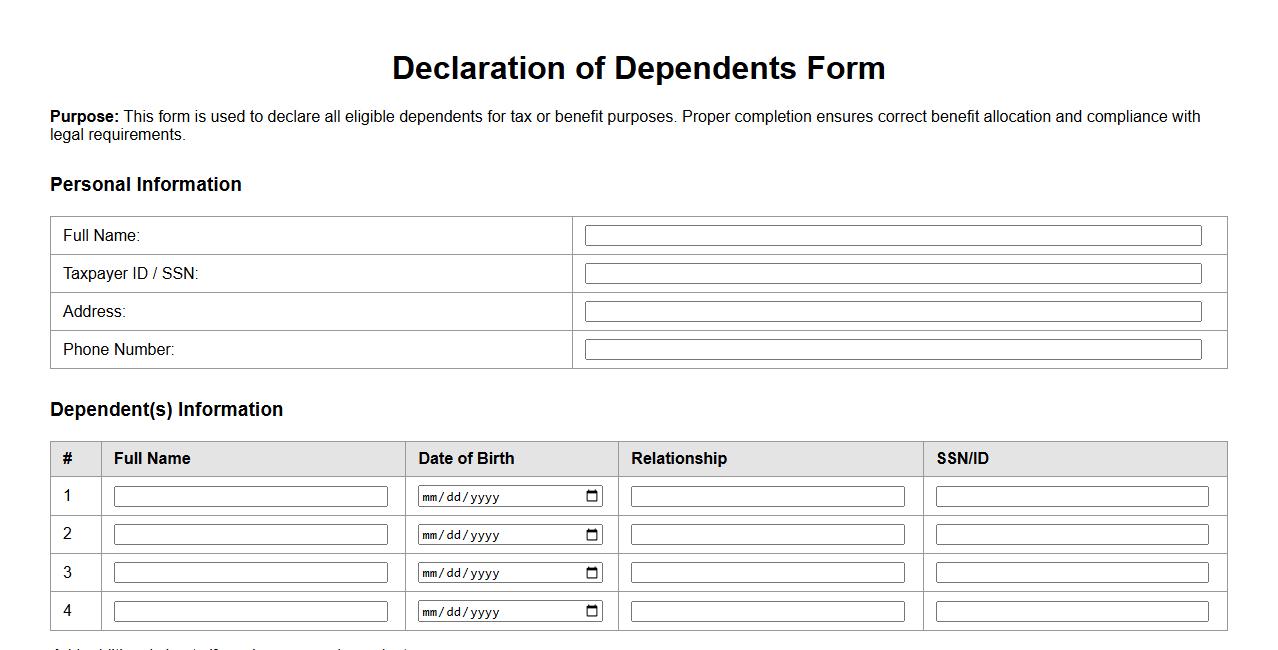 declaration of dependents form sample with multiple dependents image preview