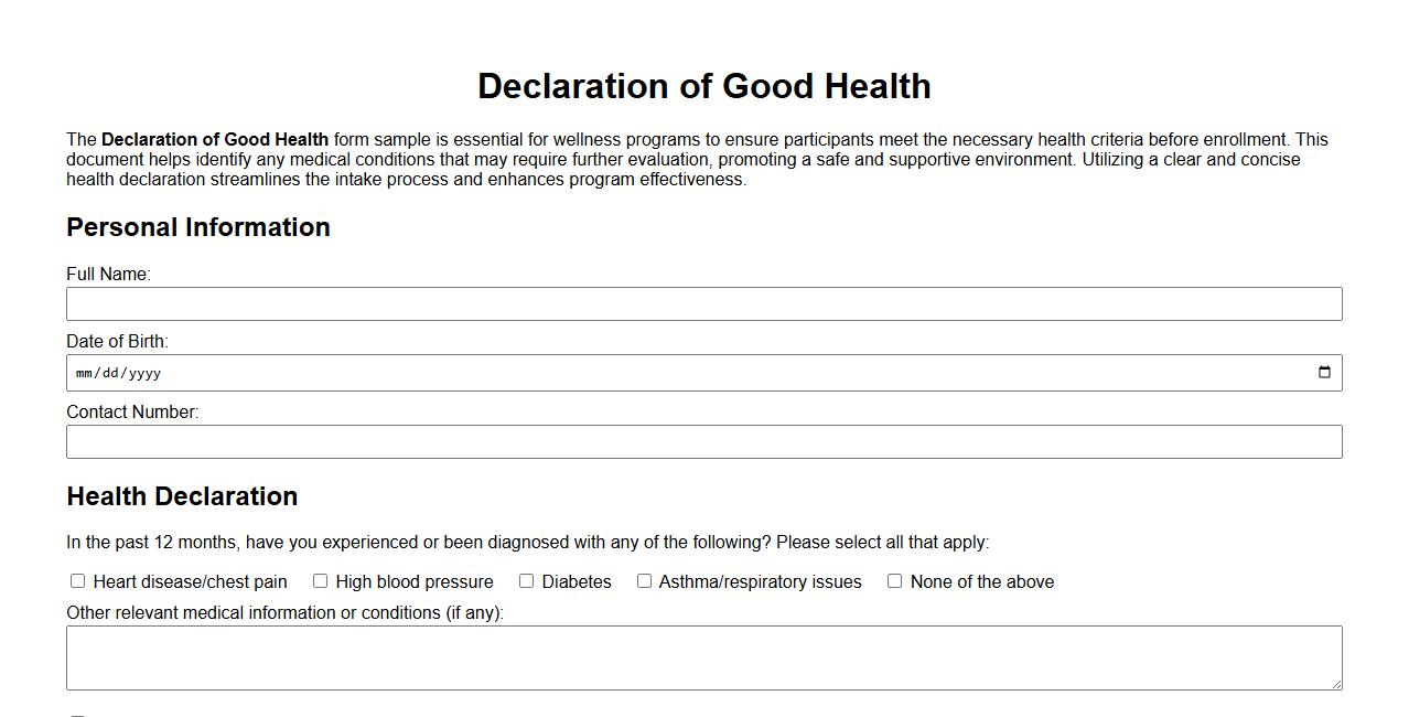 Declaration of Good Health form sample for wellness programs image preview