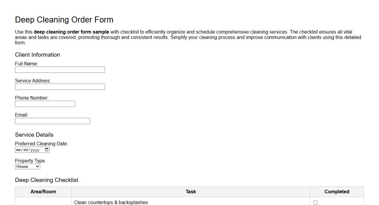 deep cleaning order form sample with checklist image preview