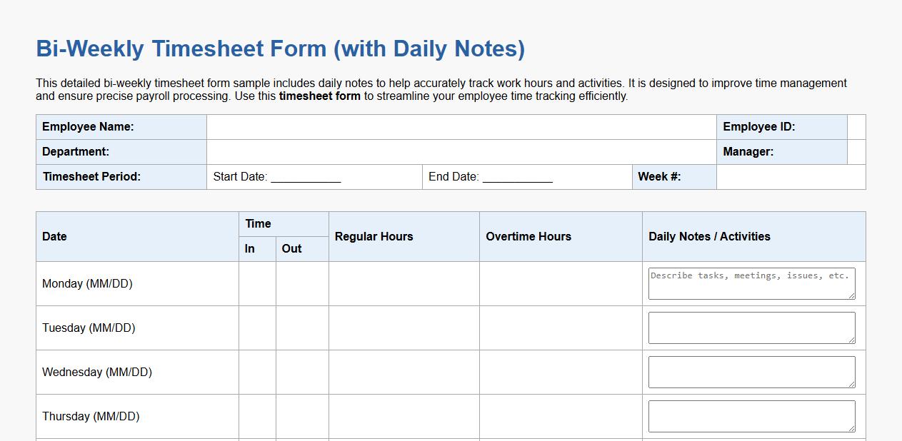 detailed bi-weekly timesheet form sample with daily notes image preview