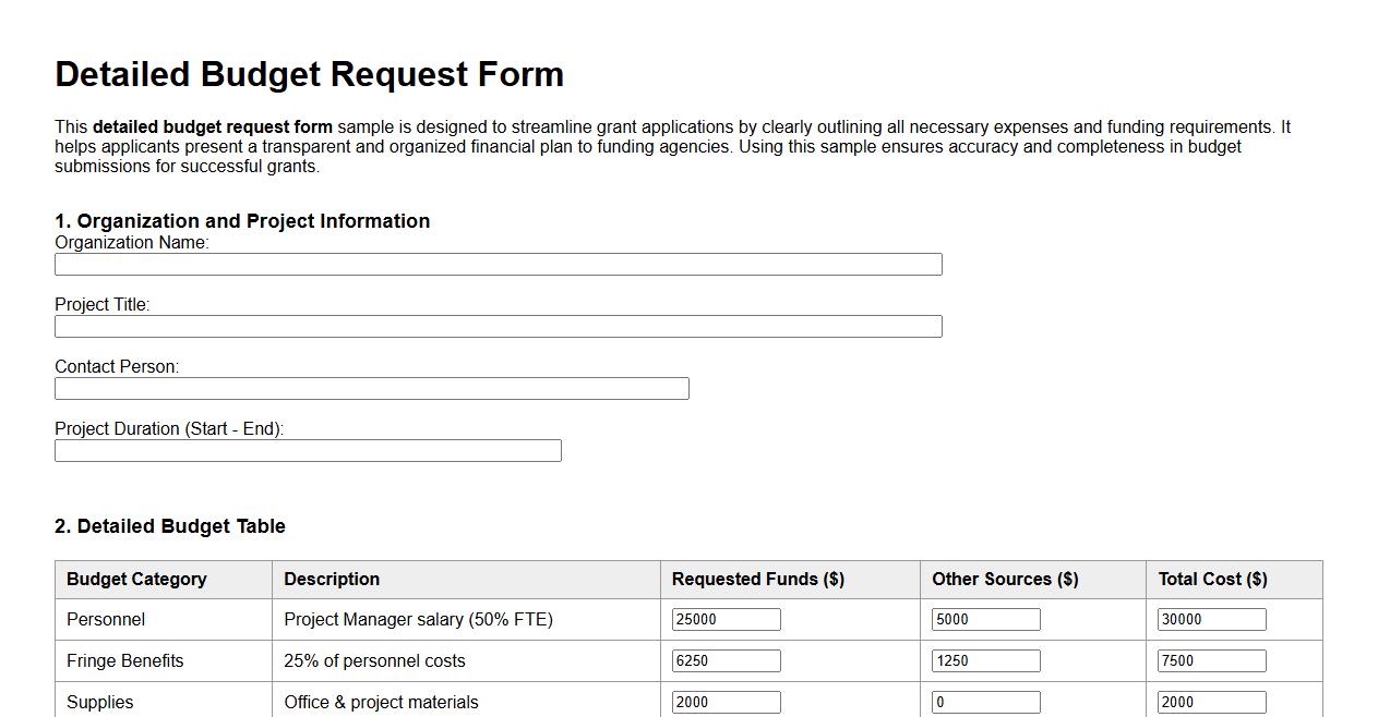detailed budget request form sample for grant applications image preview