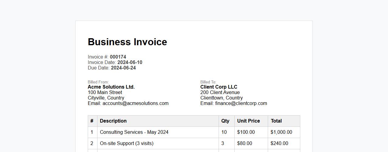 Detailed business invoice form sample with payment terms image preview