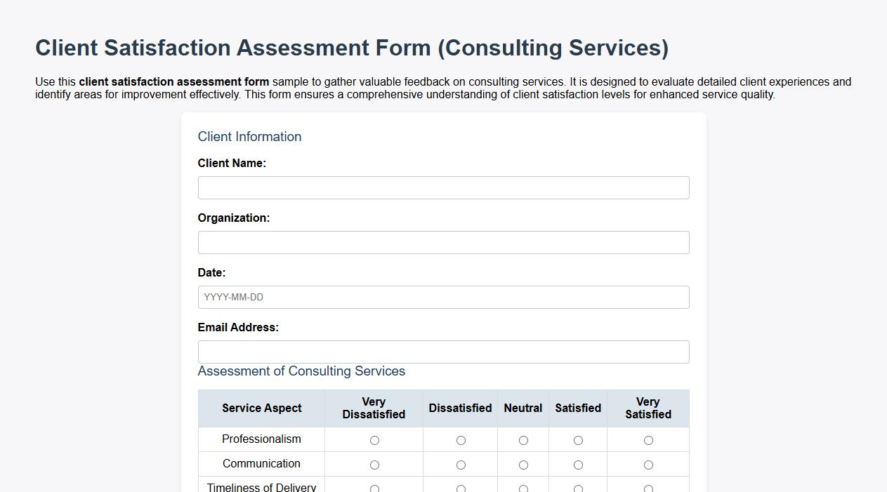 detailed client satisfaction assessment form sample for consulting image preview