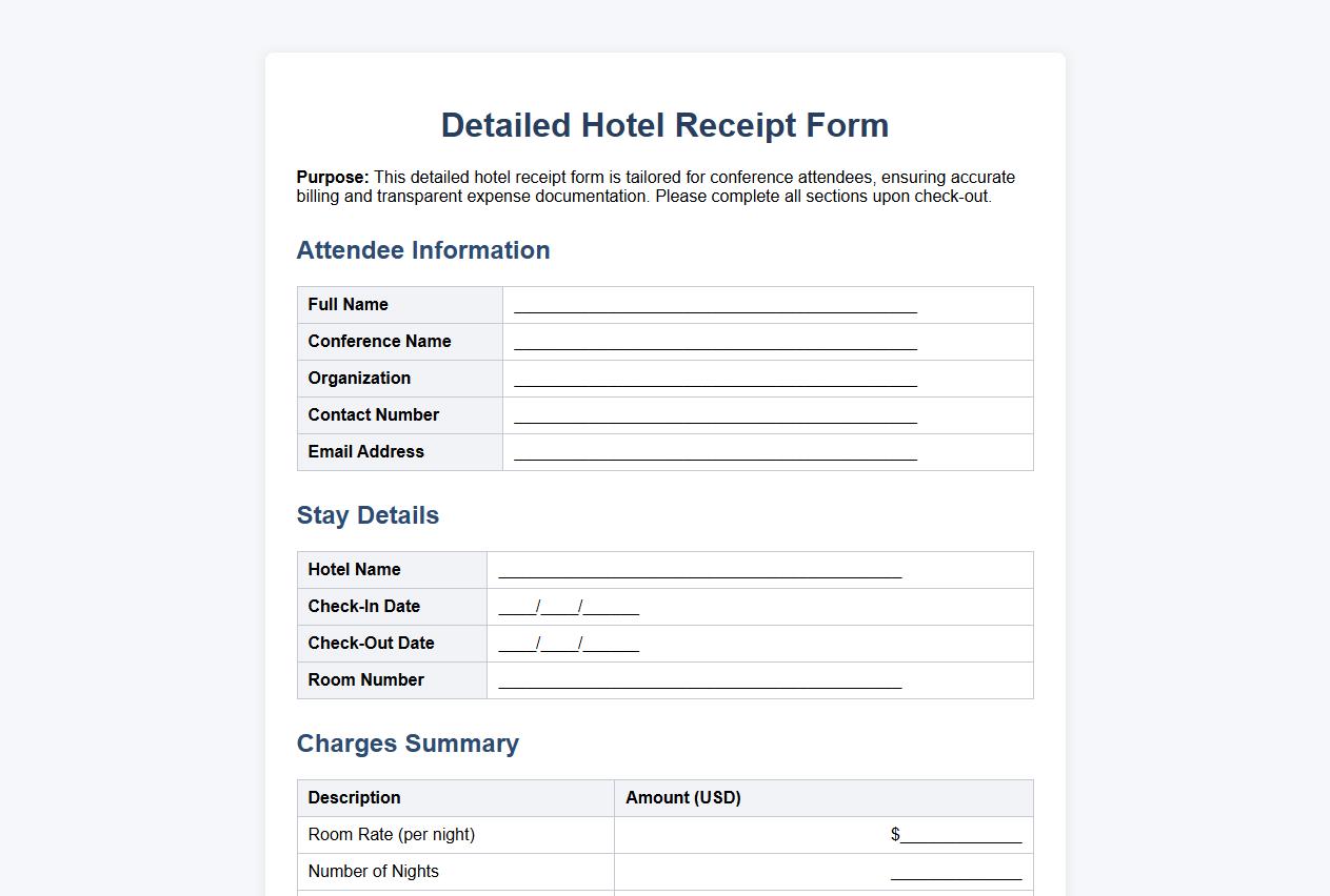 Detailed hotel receipt form sample for conference attendees image preview