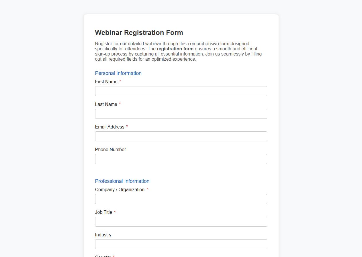 Detailed webinar registration form sample for attendees image preview