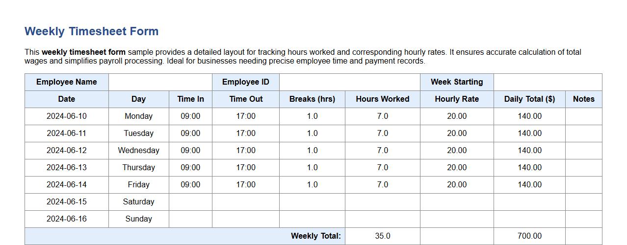 detailed weekly timesheet form sample with hourly rates image preview