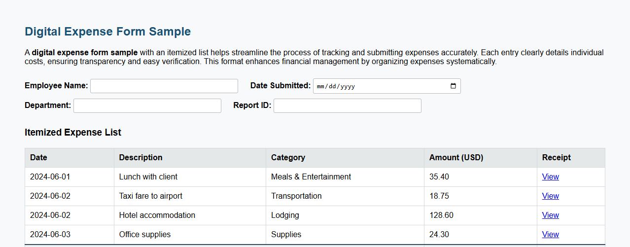 digital expense form sample with itemized list image preview