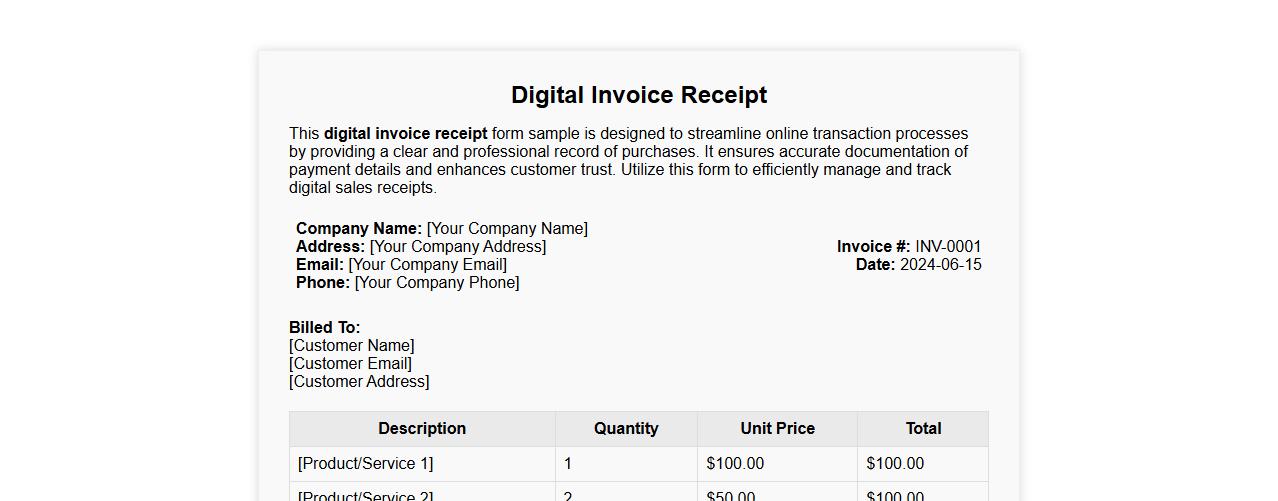 Digital invoice receipt form sample for online transactions image preview