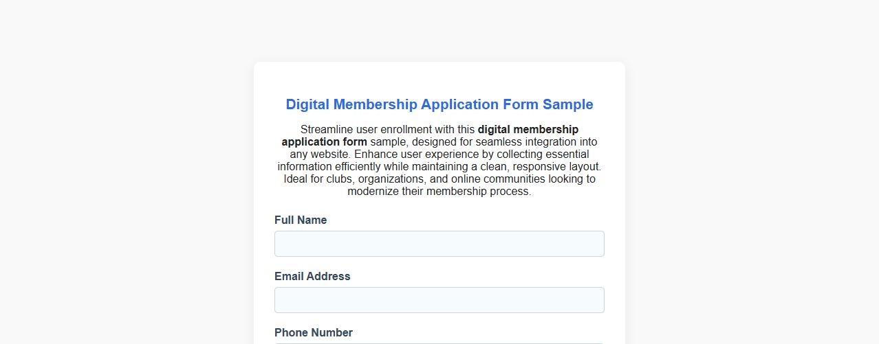Digital membership application form sample for websites image preview