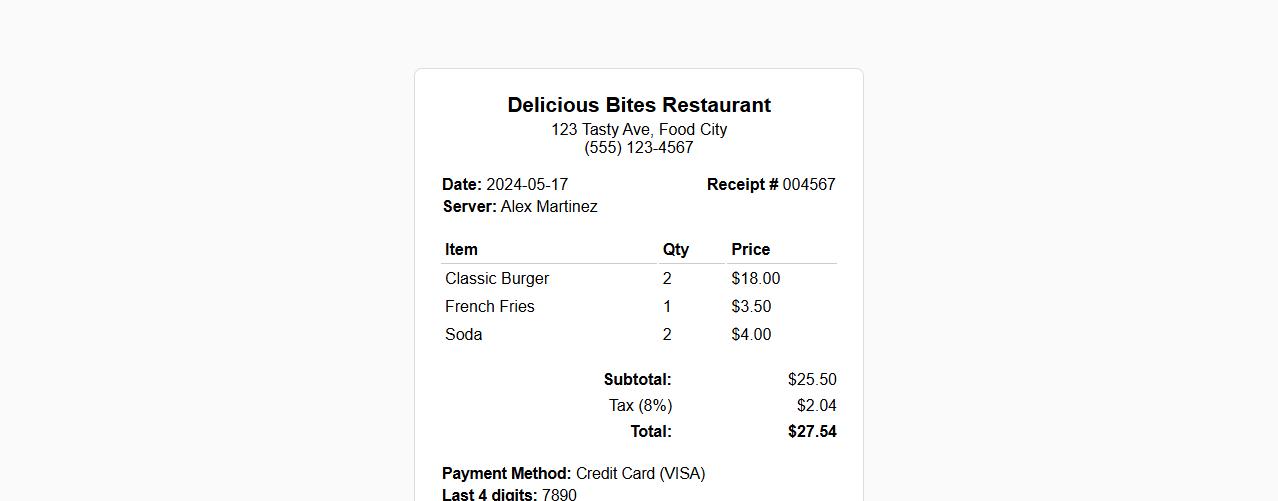 digital restaurant receipt format for accounting image preview