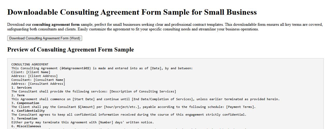downloadable consulting agreement form sample for small business image preview