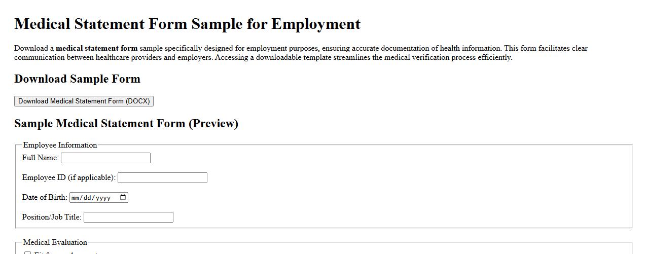 downloadable medical statement form sample for employment image preview