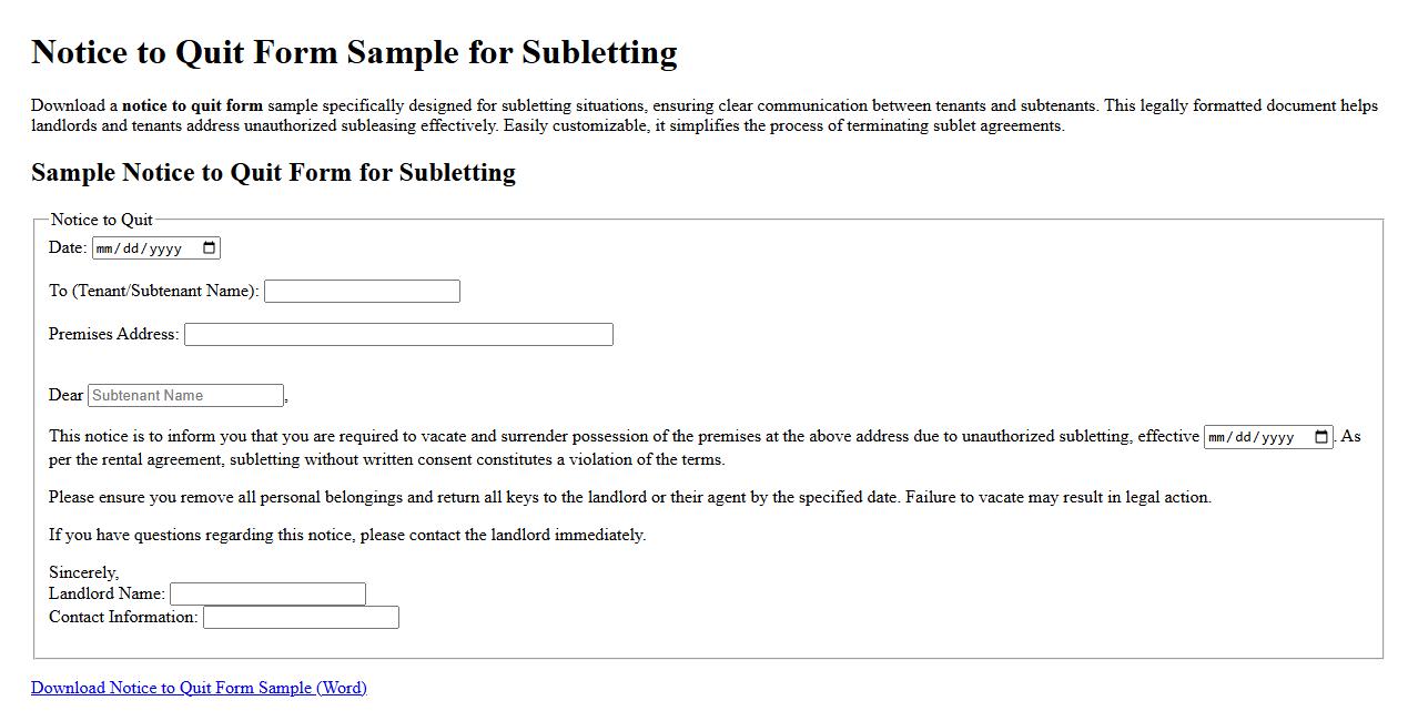Downloadable notice to quit form sample for subletting image preview