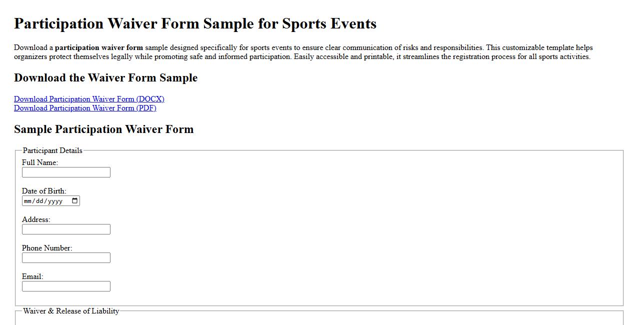 downloadable participation waiver form sample for sports events image preview