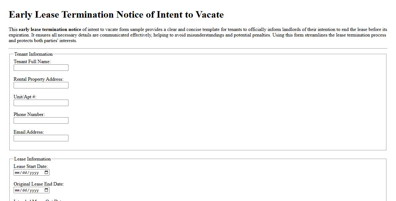 early lease termination notice of intent to vacate form sample image preview