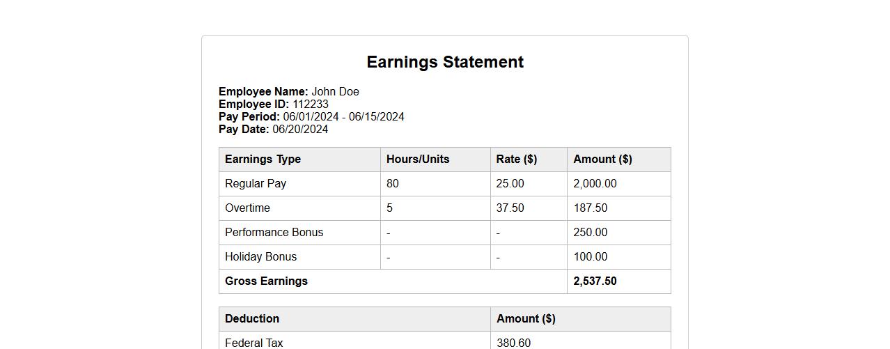 earnings statement form sample including bonuses image preview