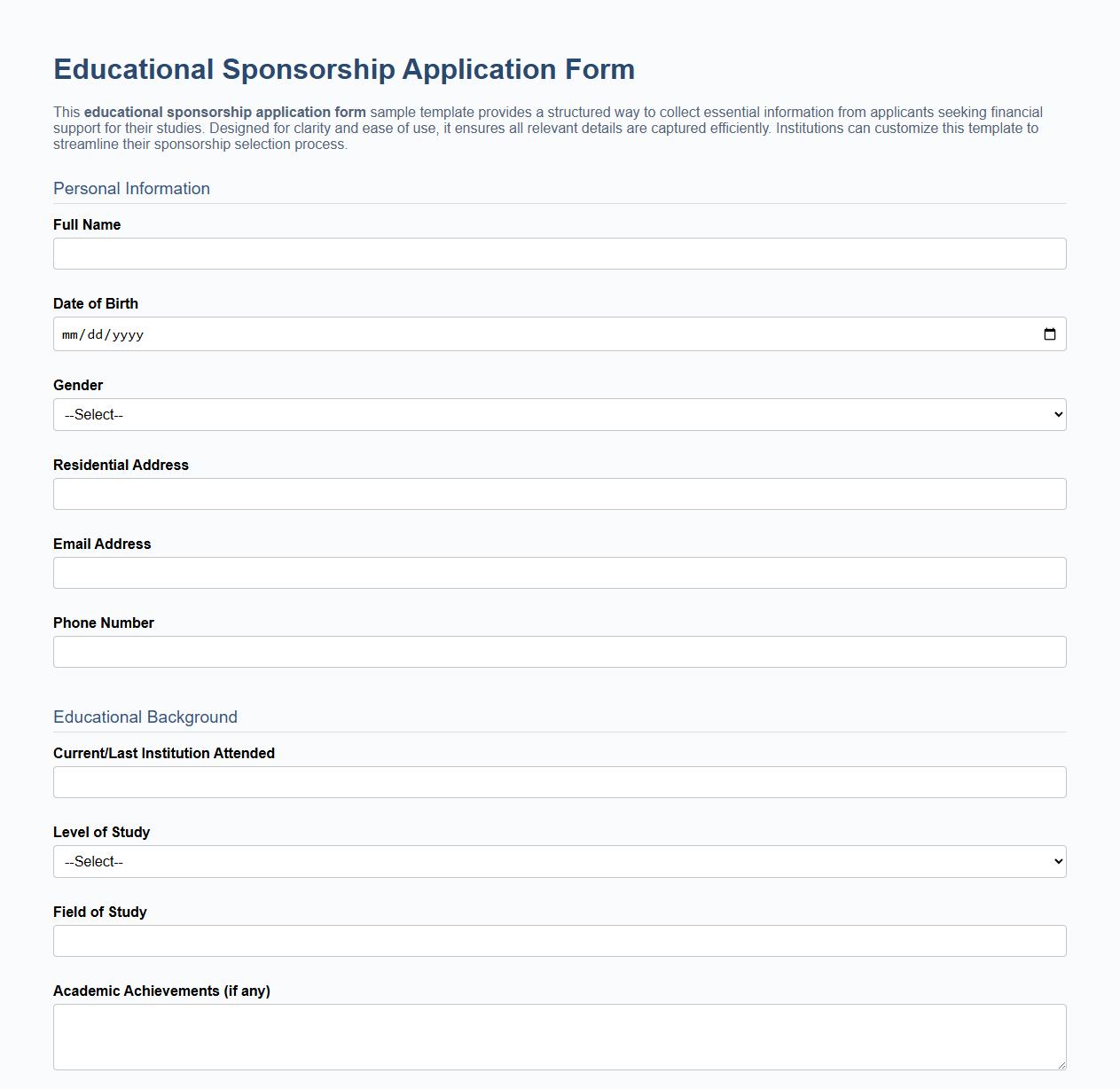 Educational sponsorship application form sample template image preview