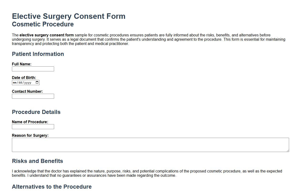 elective surgery consent form sample for cosmetic procedures image preview