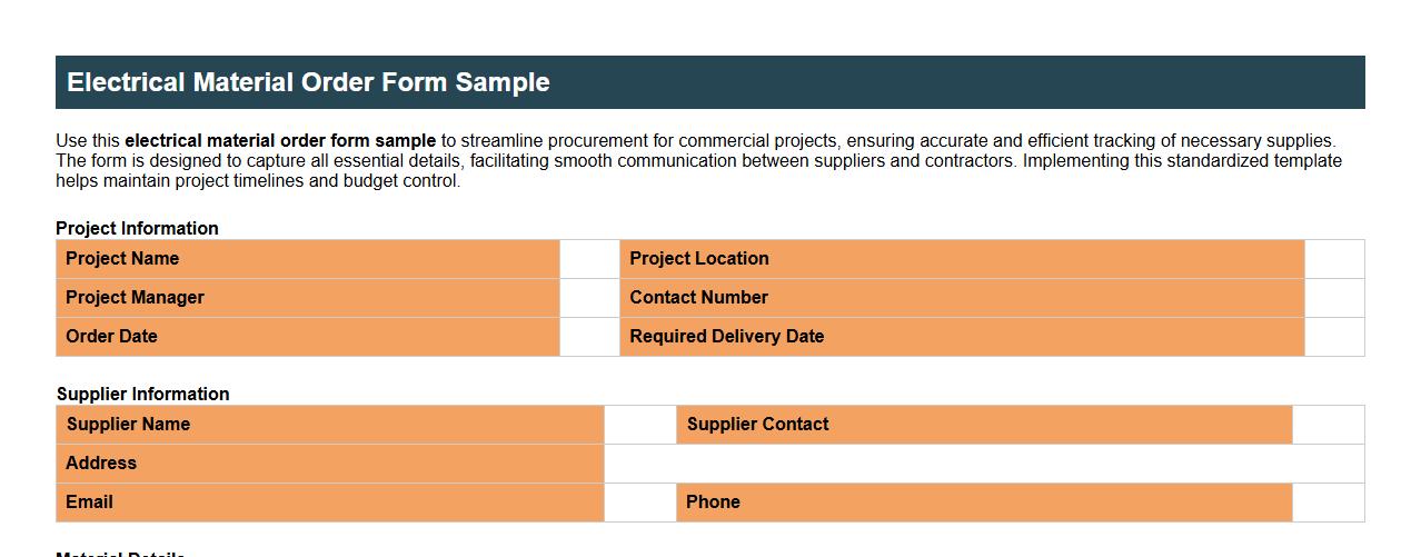 electrical material order form sample for commercial projects image preview