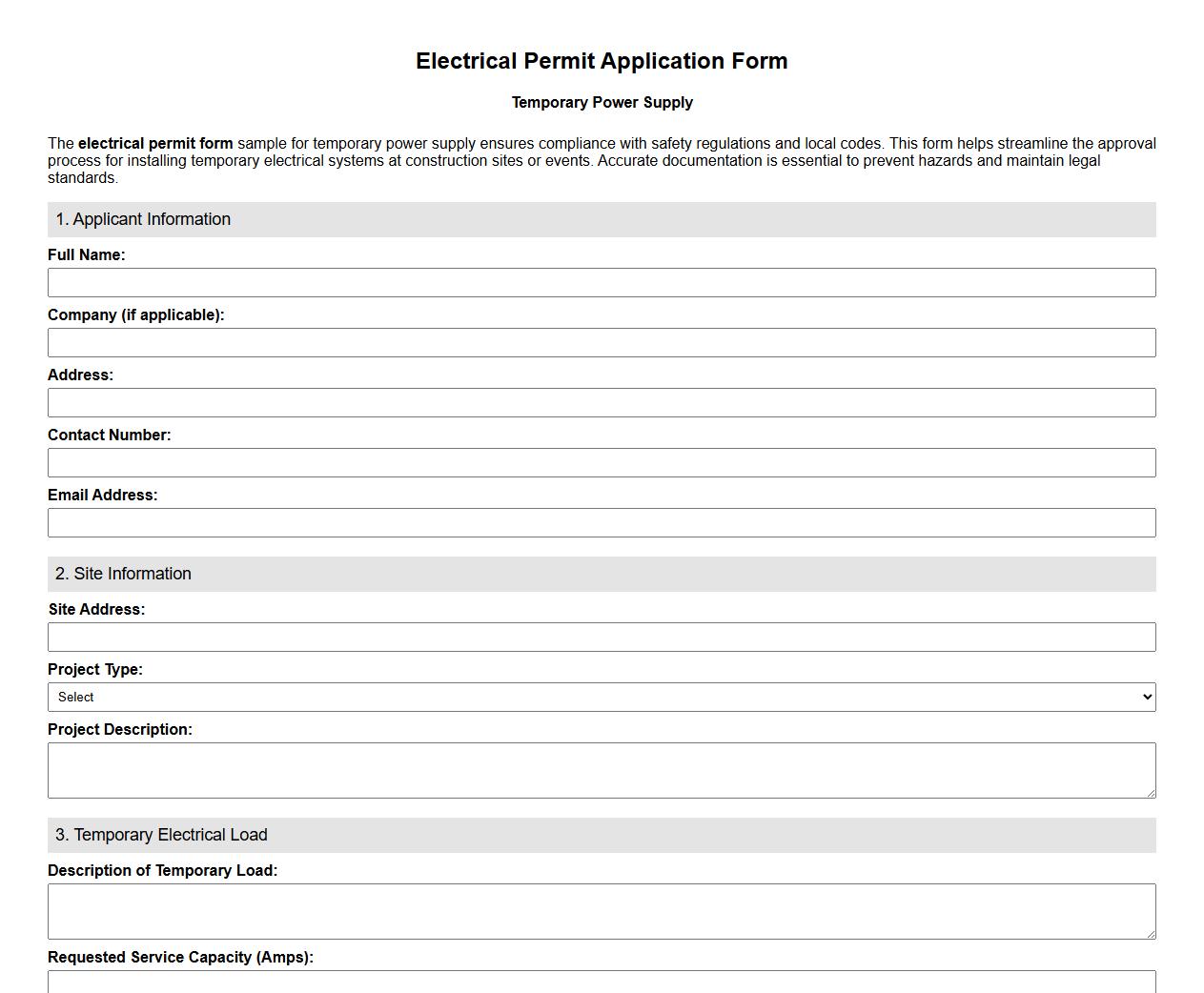 electrical permit form sample for temporary power supply image preview