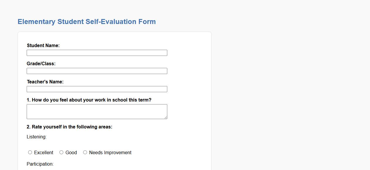 elementary student self-evaluation form sample image preview