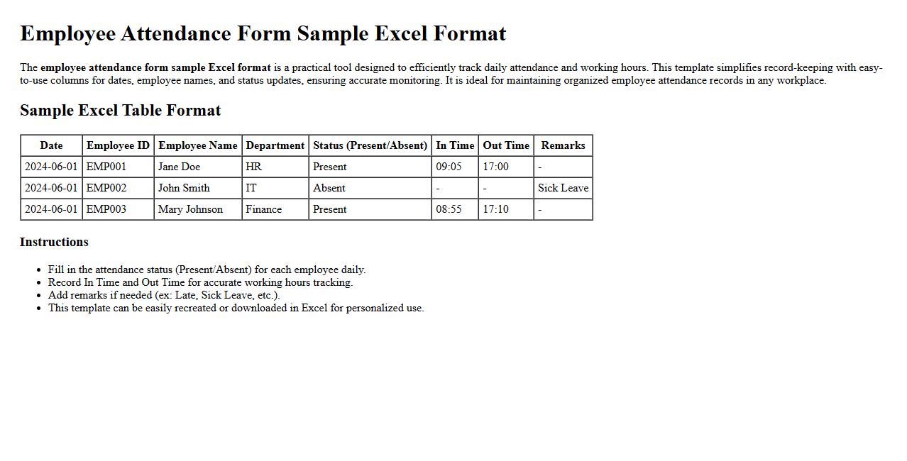 employee attendance form sample excel format image preview