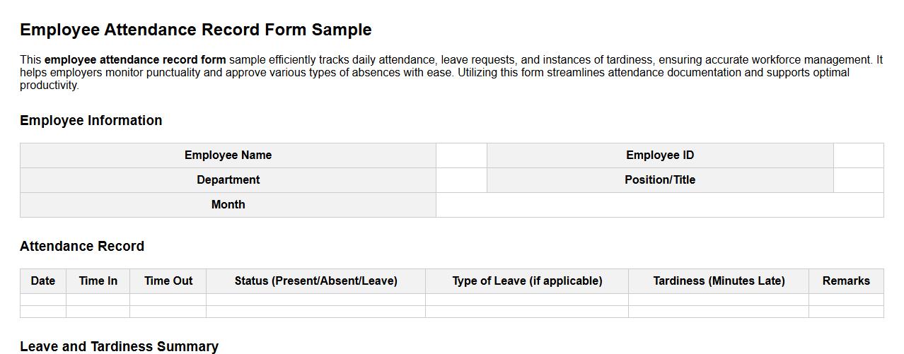 Employee attendance record form sample including leave and tardiness image preview