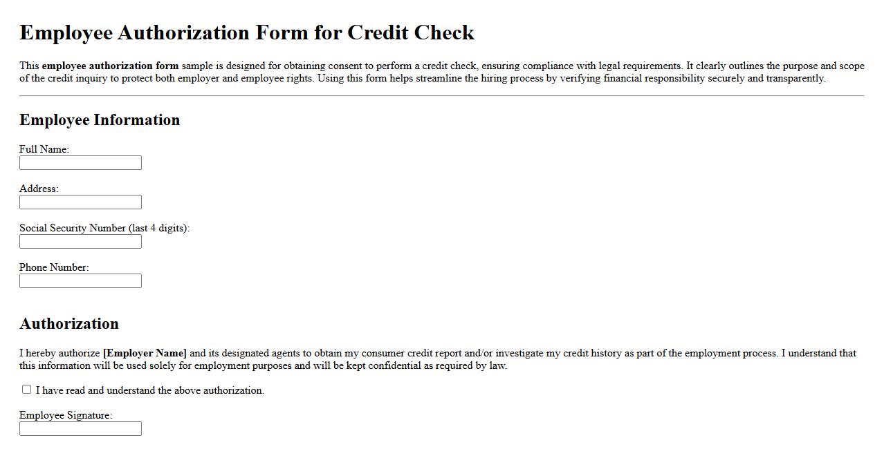Employee authorization form sample for credit check image preview