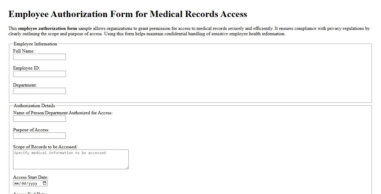 Employee authorization form sample for medical records access image preview