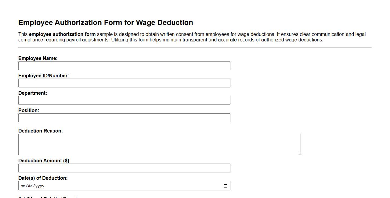 Employee authorization form sample for wage deduction image preview