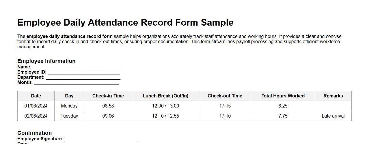 Employee daily attendance record form sample image preview
