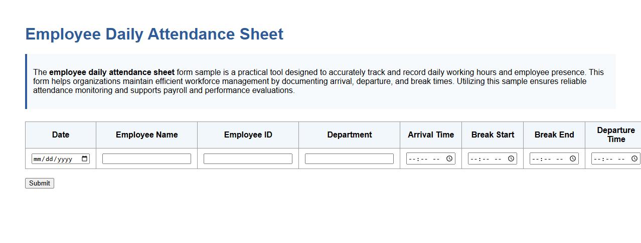 Employee daily attendance sheet form sample image preview