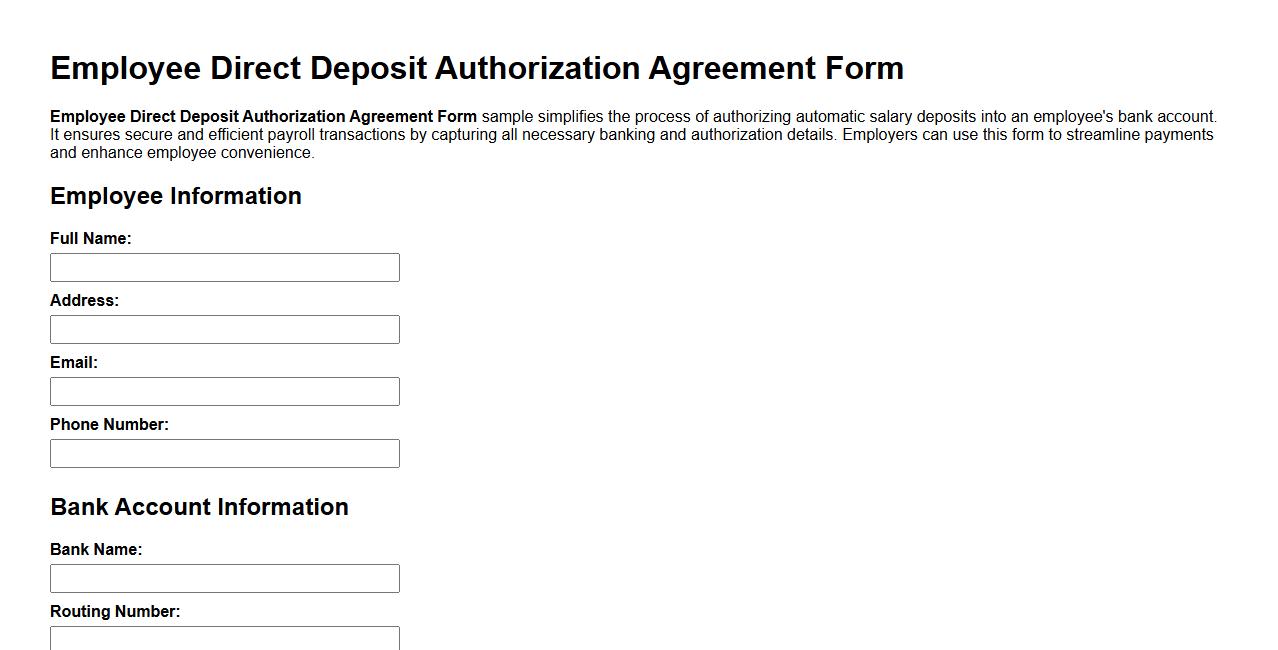 Employee direct deposit authorization agreement form sample image preview