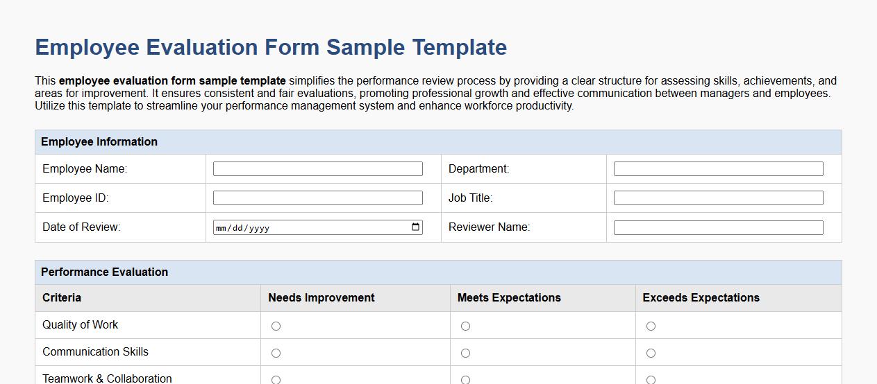 employee evaluation form sample template image preview