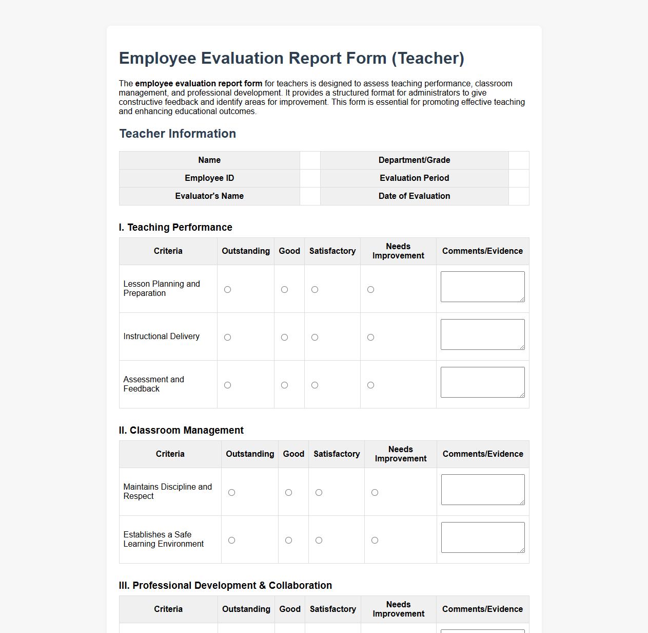 employee evaluation report form for teachers image preview