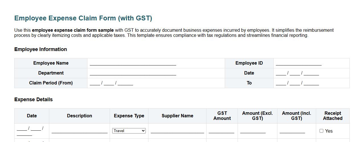 Employee expense claim form sample with GST image preview