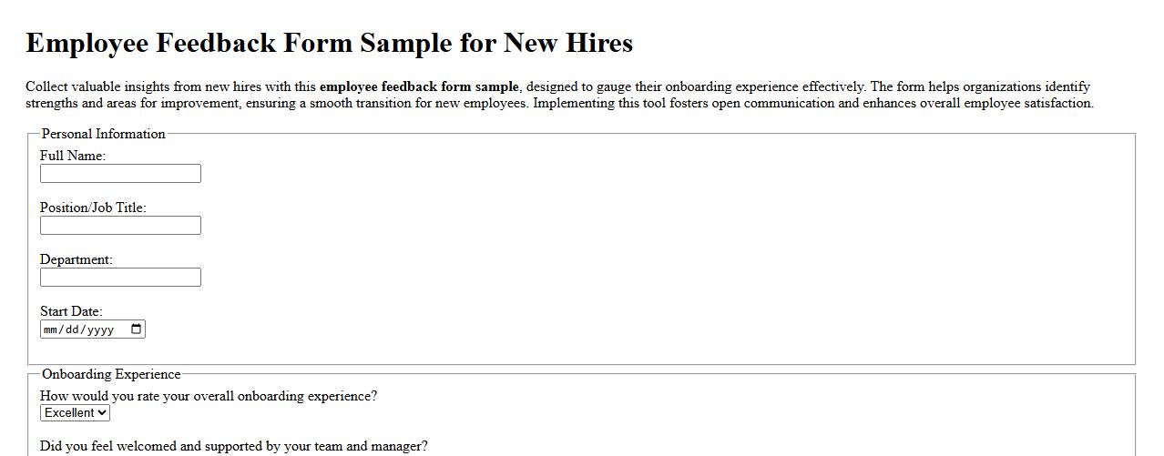 Employee feedback form sample for new hires image preview