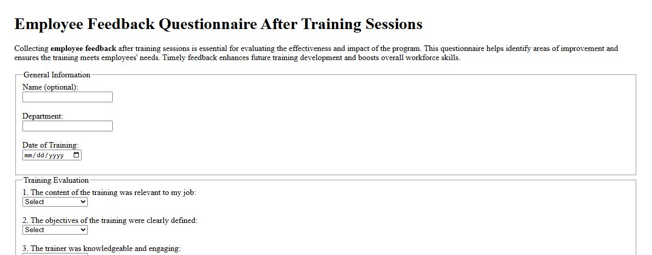 Employee feedback questionnaire after training sessions image preview