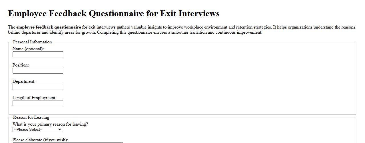 Employee feedback questionnaire for exit interviews image preview