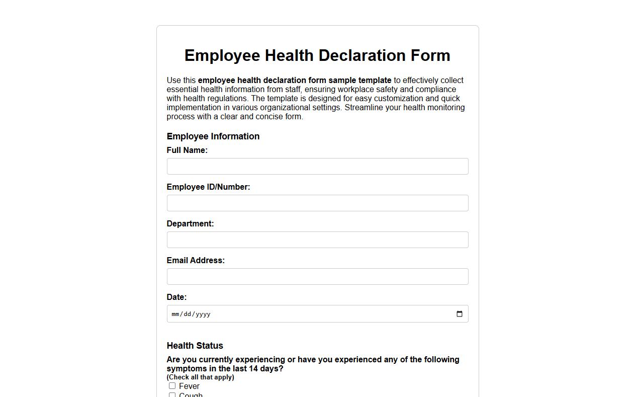 employee health declaration form sample template image preview