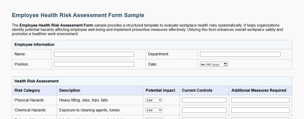 Employee health risk assessment form sample image preview