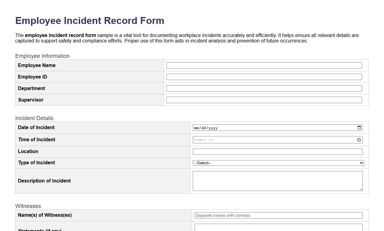 employee incident record form sample image preview