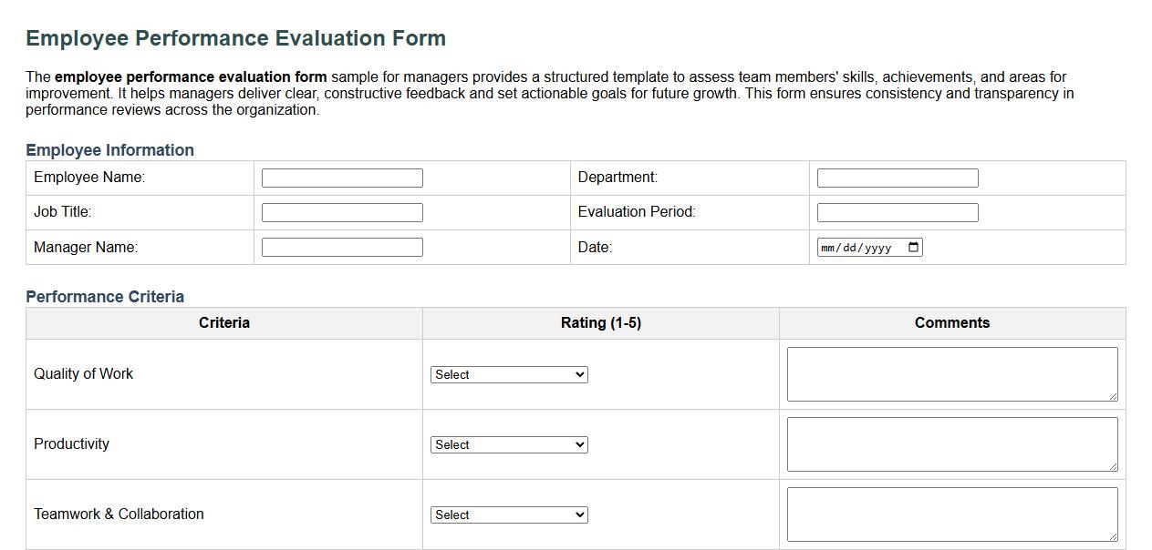 Employee performance evaluation form sample for managers image preview