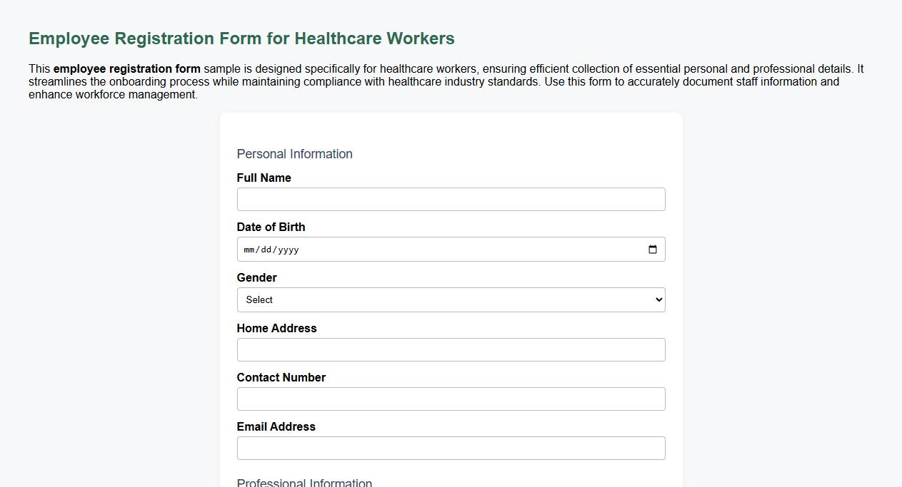 Employee registration form sample for healthcare workers image preview