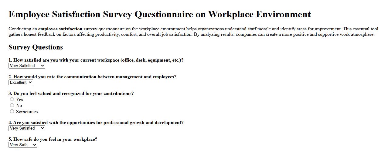 Employee satisfaction survey questionnaire on workplace environment image preview