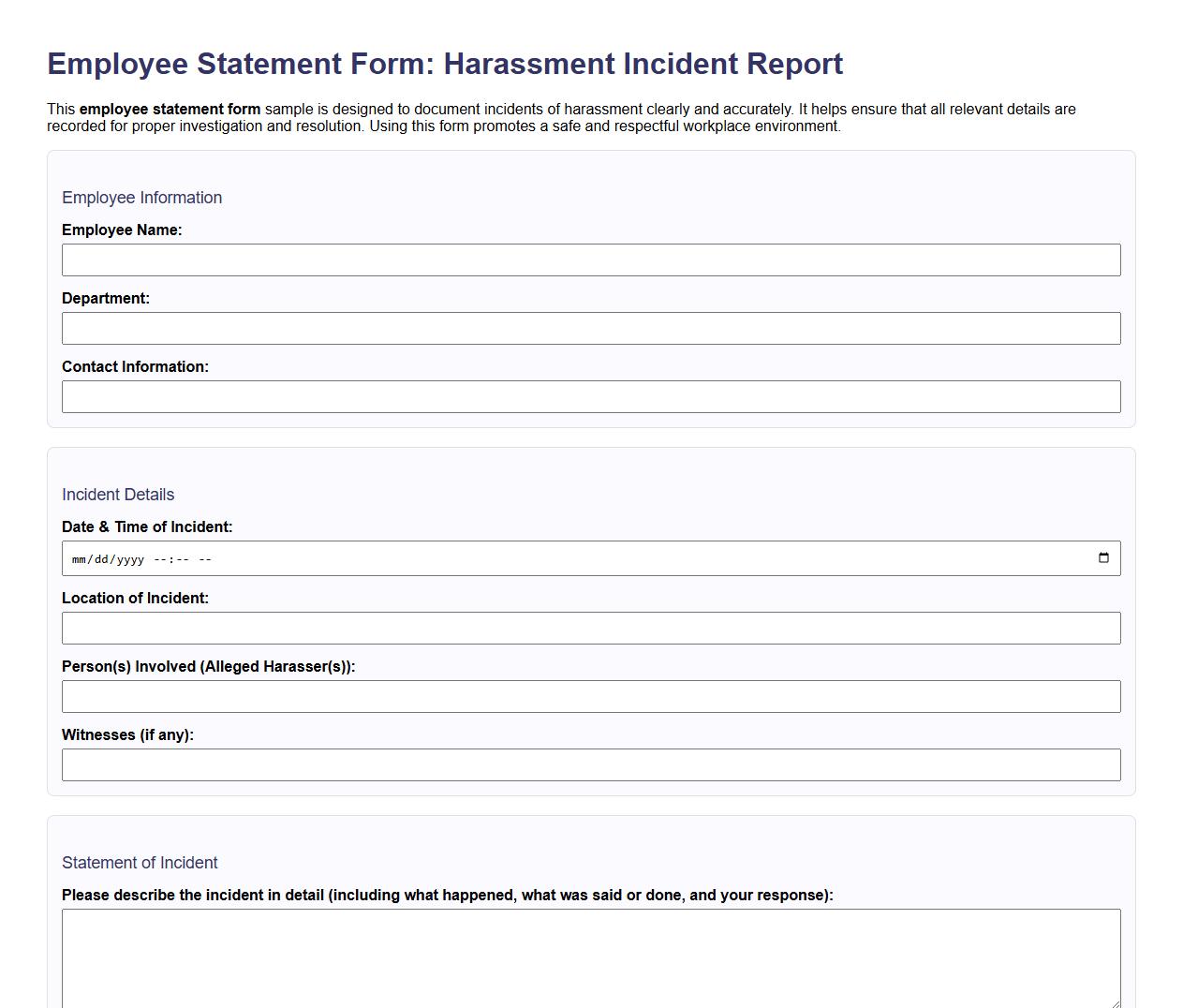 Employee statement form sample regarding harassment image preview