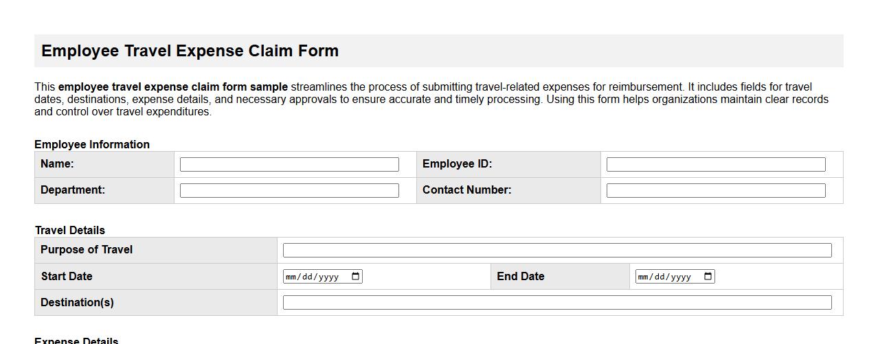 Employee travel expense claim form sample image preview