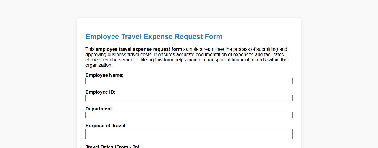 Employee travel expense request form sample image preview