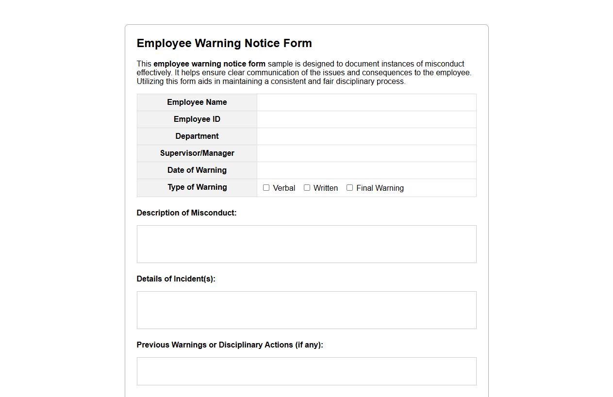 Employee warning notice form sample for misconduct image preview